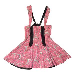 Catherine Coatney Pink Eiffel Tower Corset Lace Up Pinafore Skater Dress 90's